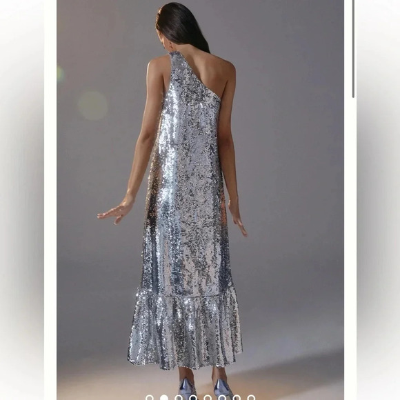 Anthropologie Maeve One-Shoulder Silver Sequin Formal Dress Size Small S NWT - Picture 4 of 8